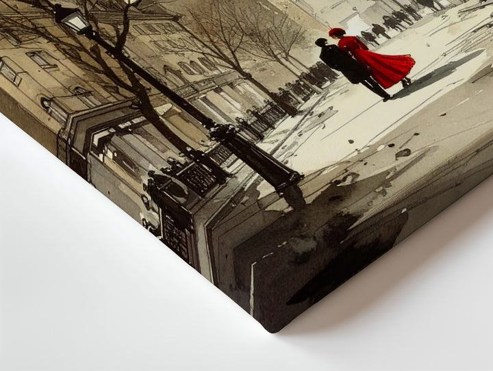 Winter City Square Canvas – Monochromatic Sketch with Couple in Red - Gifitto