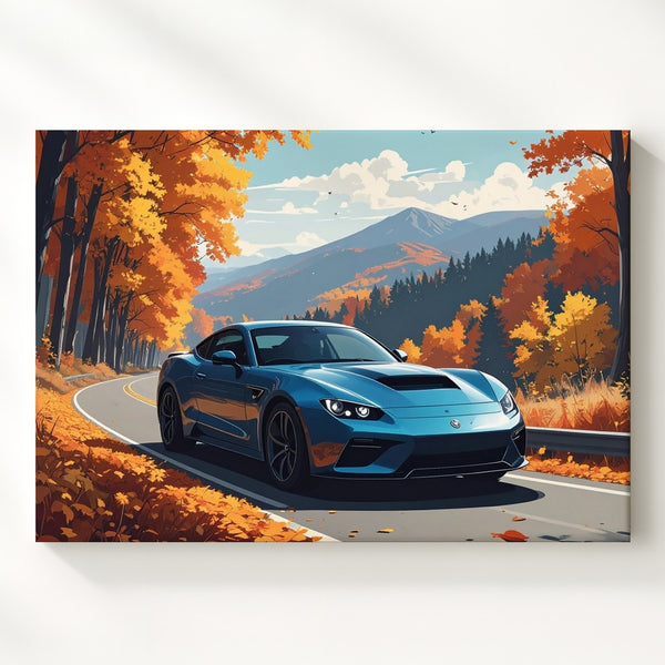 Autumn Drive Mustang Canvas – Fall Foliage Road Trip Wall Art - Gifitto