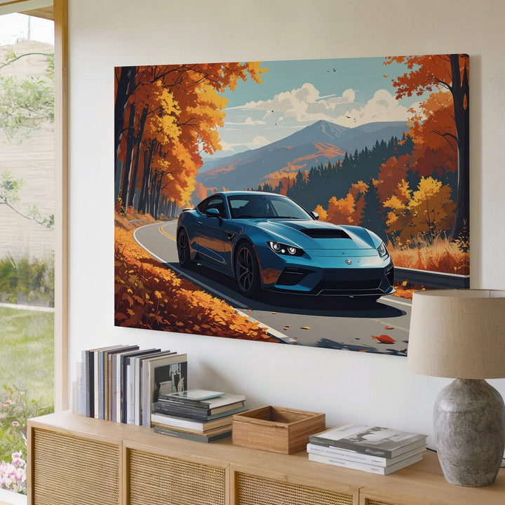 Autumn Drive Mustang Canvas – Fall Foliage Road Trip Wall Art - Gifitto
