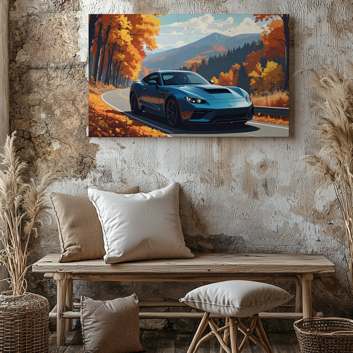 Autumn Drive Mustang Canvas – Fall Foliage Road Trip Wall Art - Gifitto