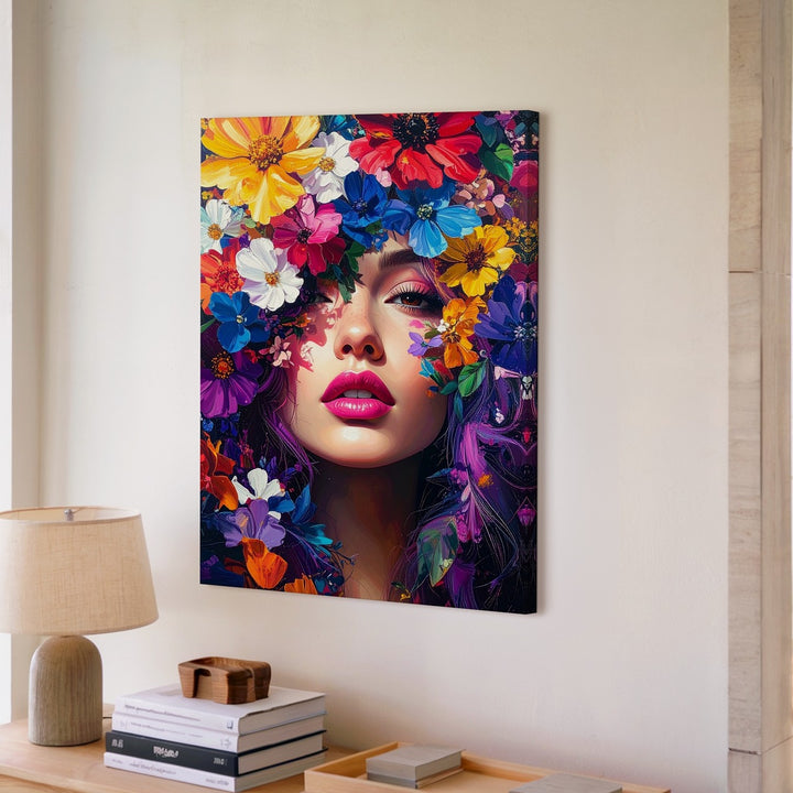 Floral Fusion Portrait Canvas – Bold Abstract Woman & Flower Art - Gifitto