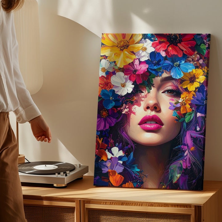 Floral Fusion Portrait Canvas – Bold Abstract Woman & Flower Art - Gifitto