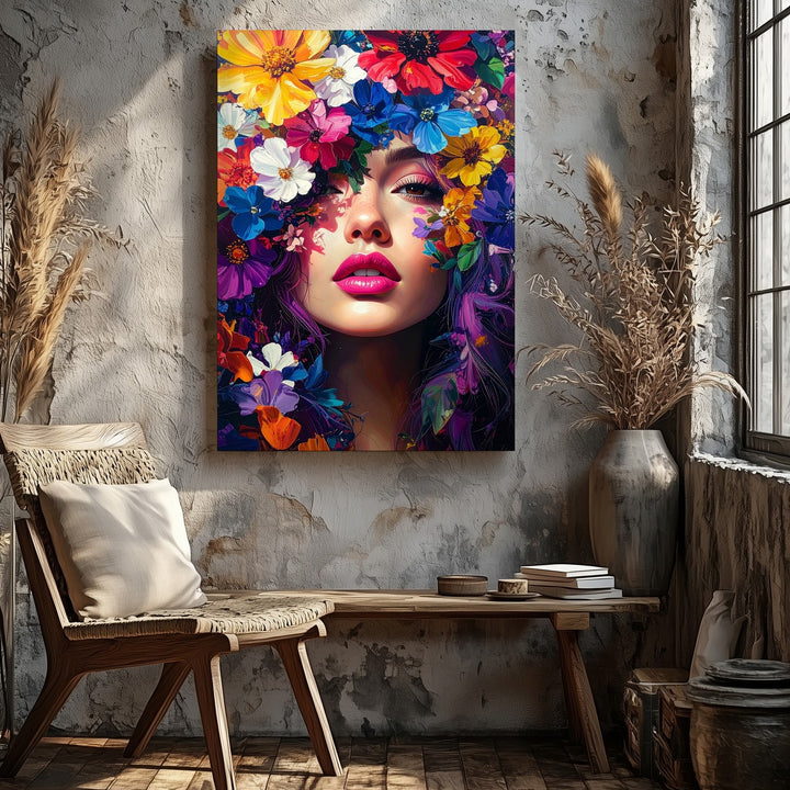 Floral Fusion Portrait Canvas – Bold Abstract Woman & Flower Art - Gifitto