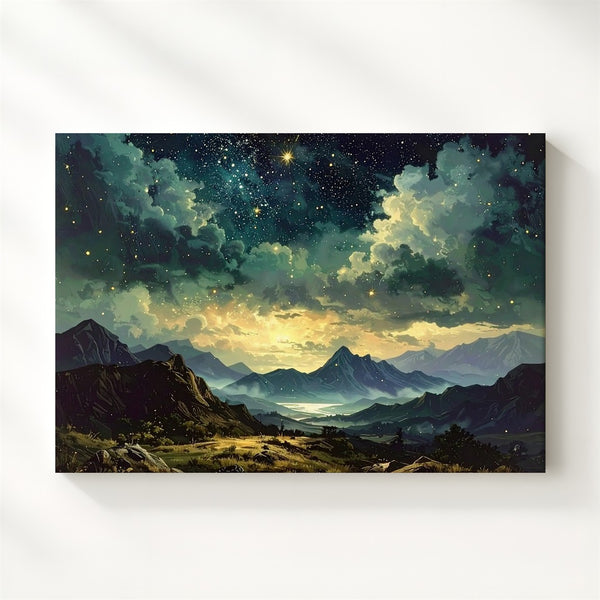 Tranquil Mountain Night Canvas – Teal Clouds Over Golden Starry Sky - Gifitto