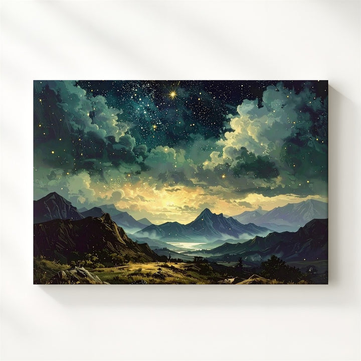 Tranquil Mountain Night Canvas – Teal Clouds Over Golden Starry Sky - Gifitto