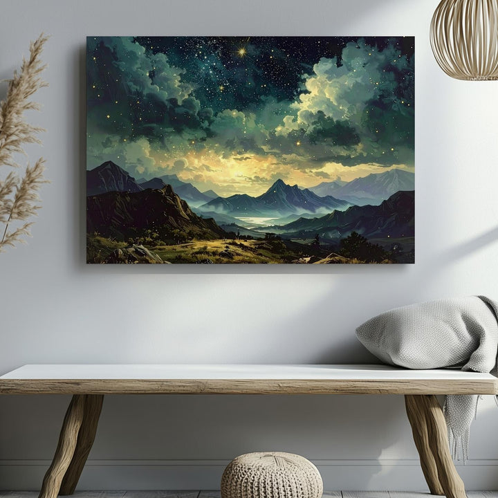 Tranquil Mountain Night Canvas – Teal Clouds Over Golden Starry Sky - Gifitto