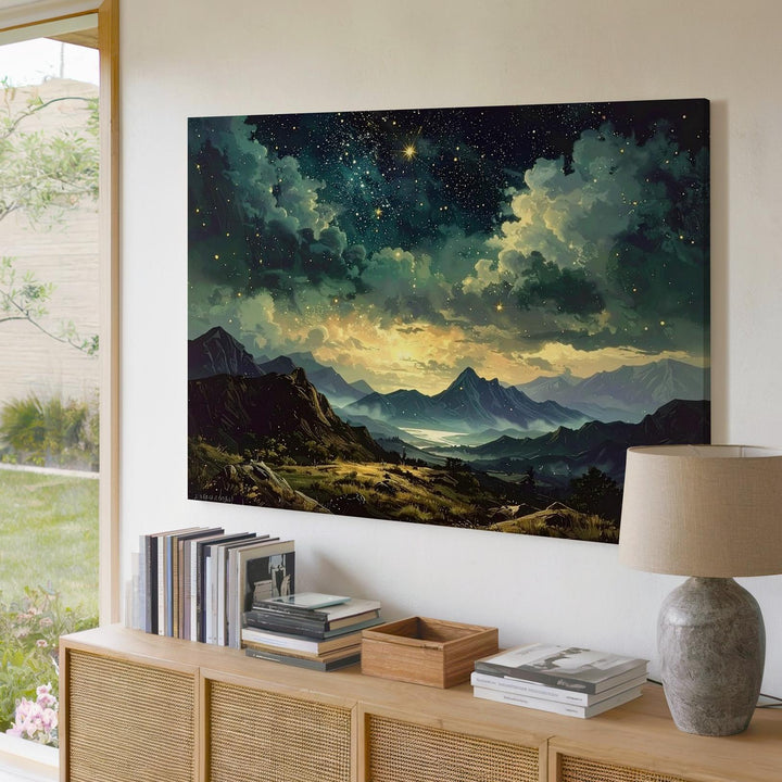 Tranquil Mountain Night Canvas – Teal Clouds Over Golden Starry Sky - Gifitto