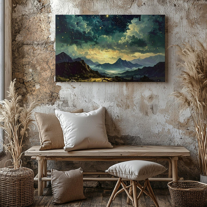Tranquil Mountain Night Canvas – Teal Clouds Over Golden Starry Sky - Gifitto