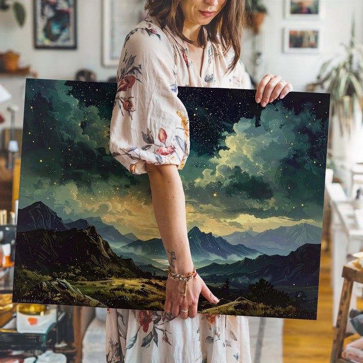 Tranquil Mountain Night Canvas – Teal Clouds Over Golden Starry Sky - Gifitto
