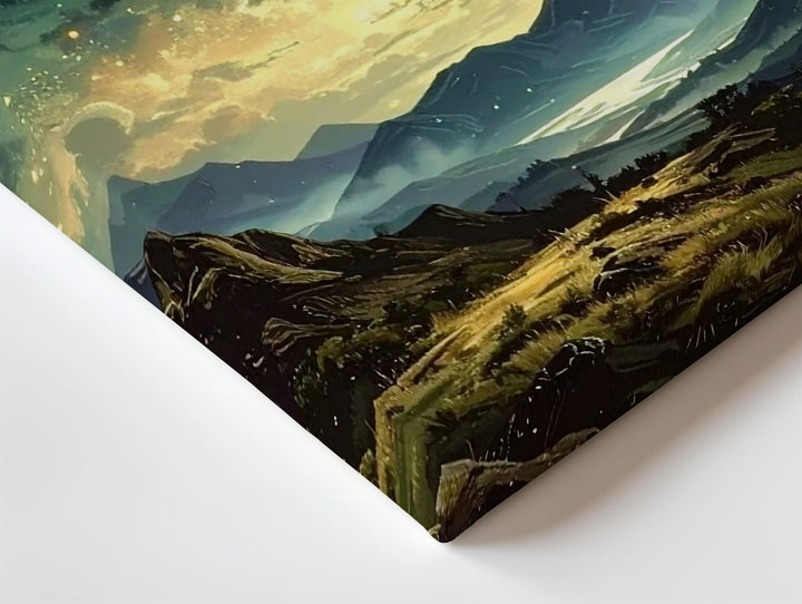 Tranquil Mountain Night Canvas – Teal Clouds Over Golden Starry Sky - Gifitto