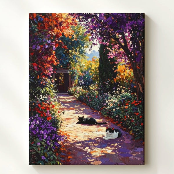 Impressionist Garden Path Canvas – Resting Cat & Blooming Floral Trail Art - Gifitto