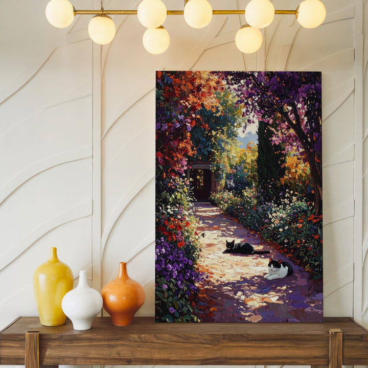 Impressionist Garden Path Canvas – Resting Cat & Blooming Floral Trail Art - Gifitto