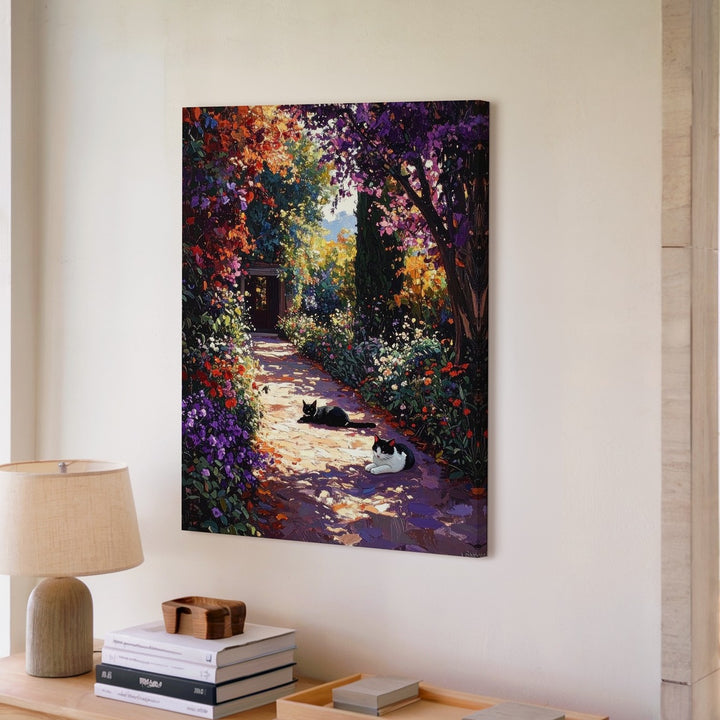 Impressionist Garden Path Canvas – Resting Cat & Blooming Floral Trail Art - Gifitto
