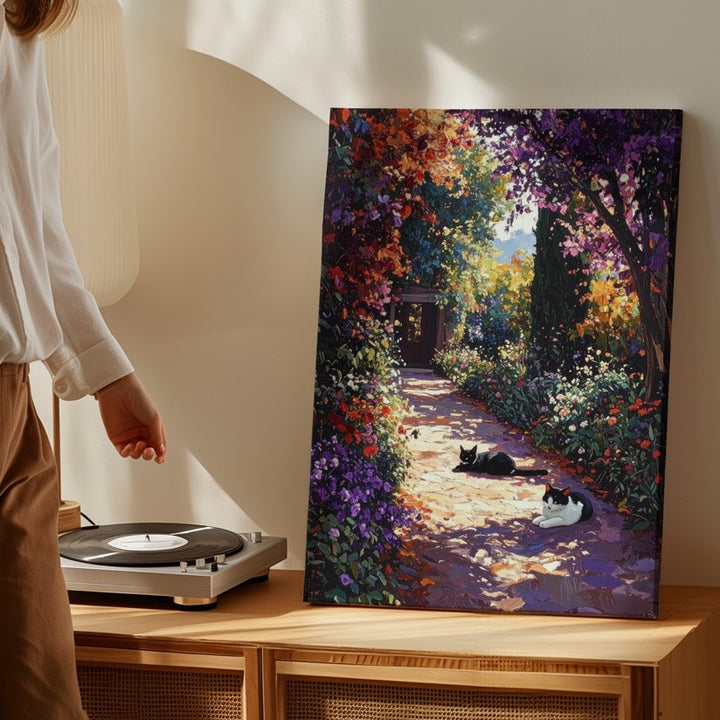 Impressionist Garden Path Canvas – Resting Cat & Blooming Floral Trail Art - Gifitto
