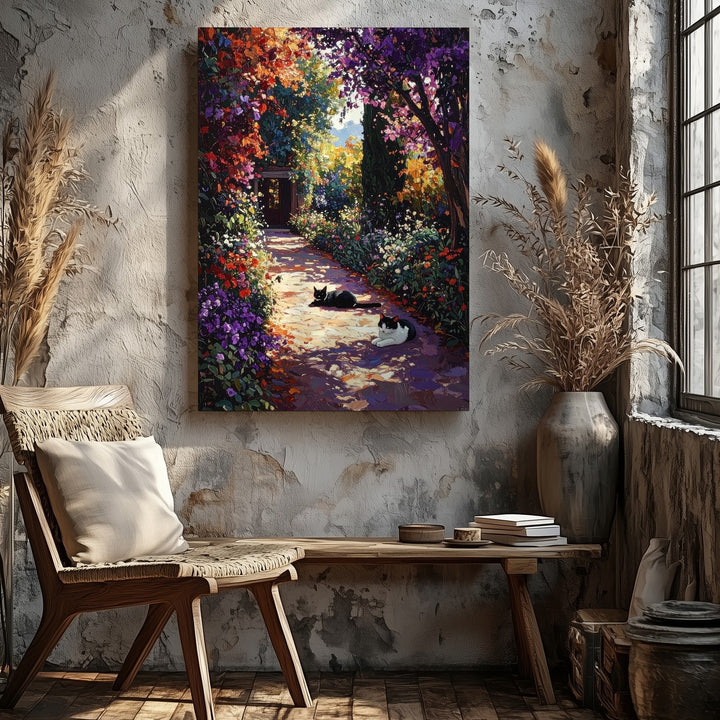 Impressionist Garden Path Canvas – Resting Cat & Blooming Floral Trail Art - Gifitto