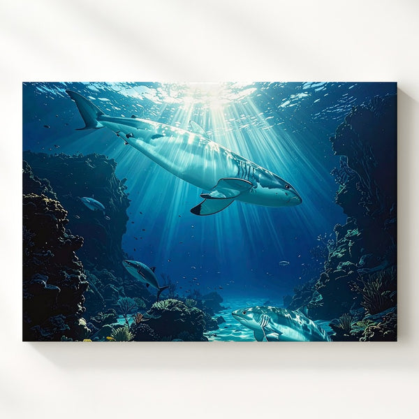 Cinematic Shark Channel Canvas – Dramatic Underwater Ocean Scene