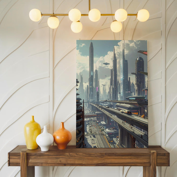 Futuristic Cityscape Canvas – Towering Skyscrapers and Flying Vehicles in Neon Lights - Gifitto