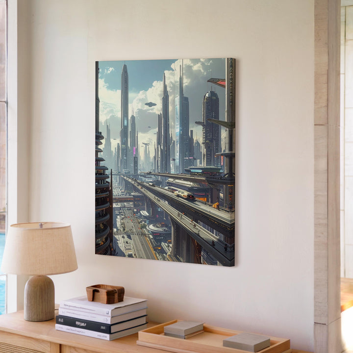 Futuristic Cityscape Canvas – Towering Skyscrapers and Flying Vehicles in Neon Lights - Gifitto