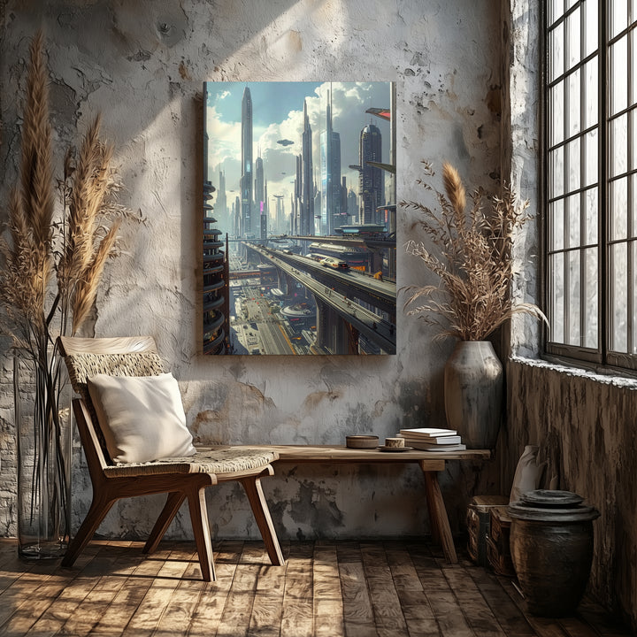 Futuristic Cityscape Canvas – Towering Skyscrapers and Flying Vehicles in Neon Lights - Gifitto