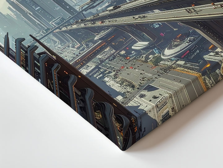 Futuristic Cityscape Canvas – Towering Skyscrapers and Flying Vehicles in Neon Lights - Gifitto