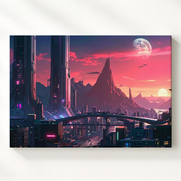 Neon Dusk Sci-Fi Cityscape Canvas – Futuristic Cyberpunk Skyline Art - Gifitto