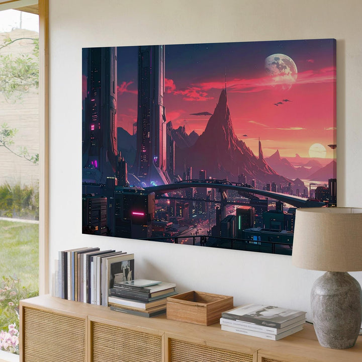 Neon Dusk Sci-Fi Cityscape Canvas – Futuristic Cyberpunk Skyline Art - Gifitto
