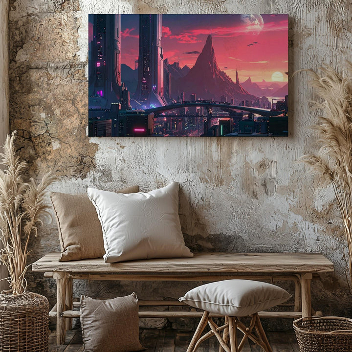 Neon Dusk Sci-Fi Cityscape Canvas – Futuristic Cyberpunk Skyline Art - Gifitto