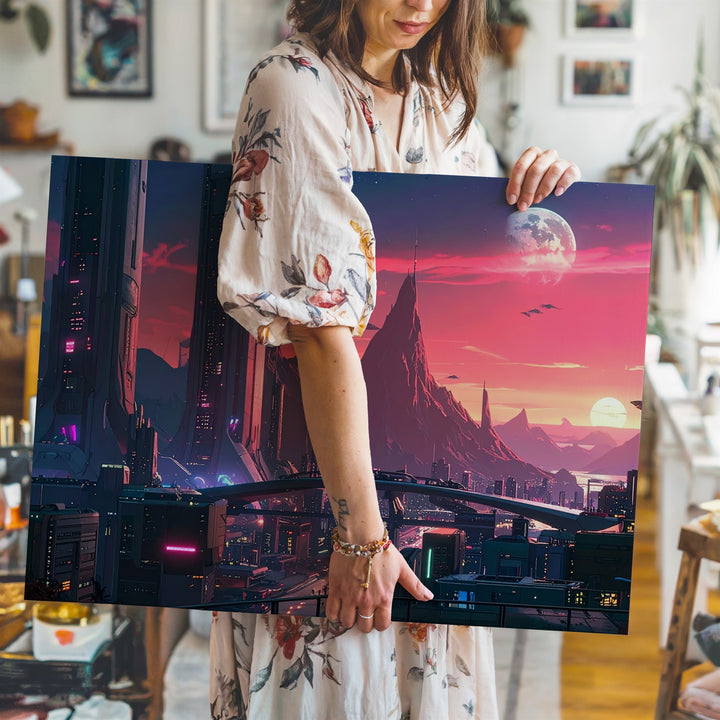 Neon Dusk Sci-Fi Cityscape Canvas – Futuristic Cyberpunk Skyline Art - Gifitto