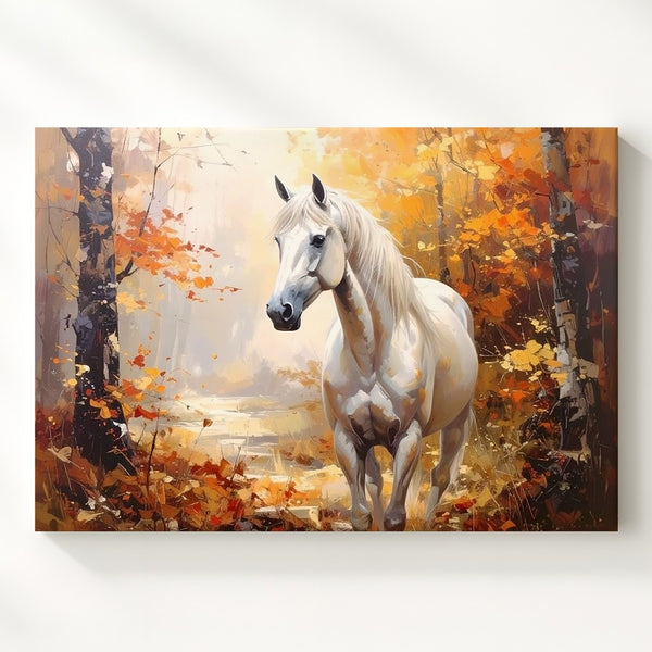White Horse in Autumn Forest Canvas – Serene Equestrian Landscape Art - Gifitto
