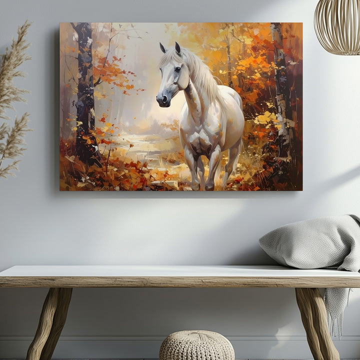 White Horse in Autumn Forest Canvas – Serene Equestrian Landscape Art - Gifitto