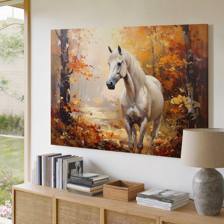 White Horse in Autumn Forest Canvas – Serene Equestrian Landscape Art - Gifitto
