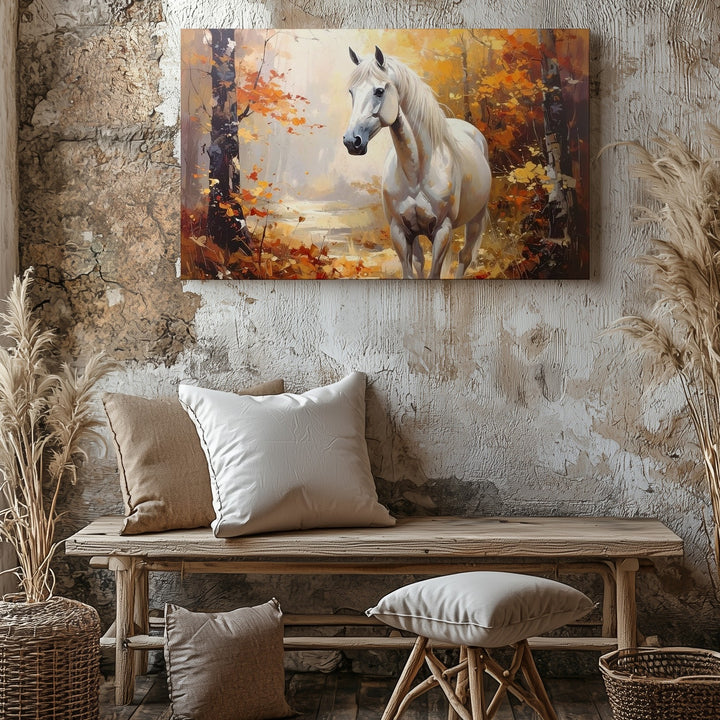 White Horse in Autumn Forest Canvas – Serene Equestrian Landscape Art - Gifitto