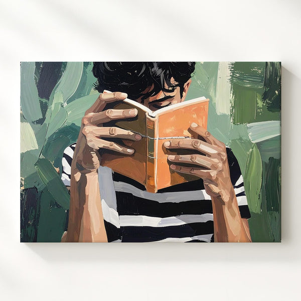 Reader in Solitude Canvas – Semi-Abstract Portrait with Book and Green Backdrop - Gifitto