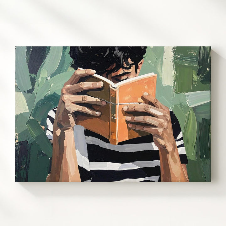 Reader in Solitude Canvas – Semi-Abstract Portrait with Book and Green Backdrop - Gifitto
