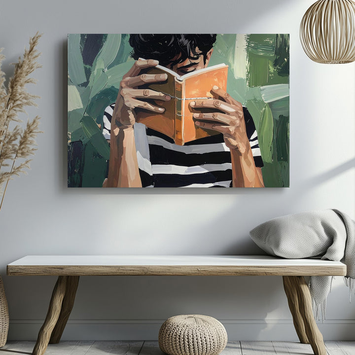 Reader in Solitude Canvas – Semi-Abstract Portrait with Book and Green Backdrop - Gifitto
