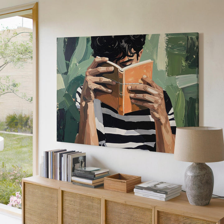 Reader in Solitude Canvas – Semi-Abstract Portrait with Book and Green Backdrop - Gifitto