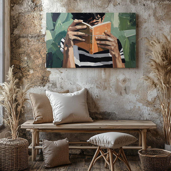 Reader in Solitude Canvas – Semi-Abstract Portrait with Book and Green Backdrop - Gifitto