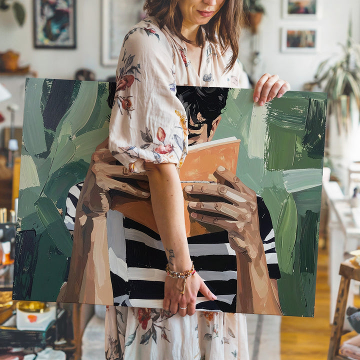 Reader in Solitude Canvas – Semi-Abstract Portrait with Book and Green Backdrop - Gifitto