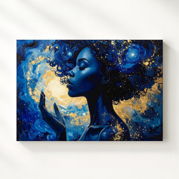 Celestial Muse Canvas – Galaxy-Haired Woman Portrait in Cosmic Blues & Golds - Gifitto