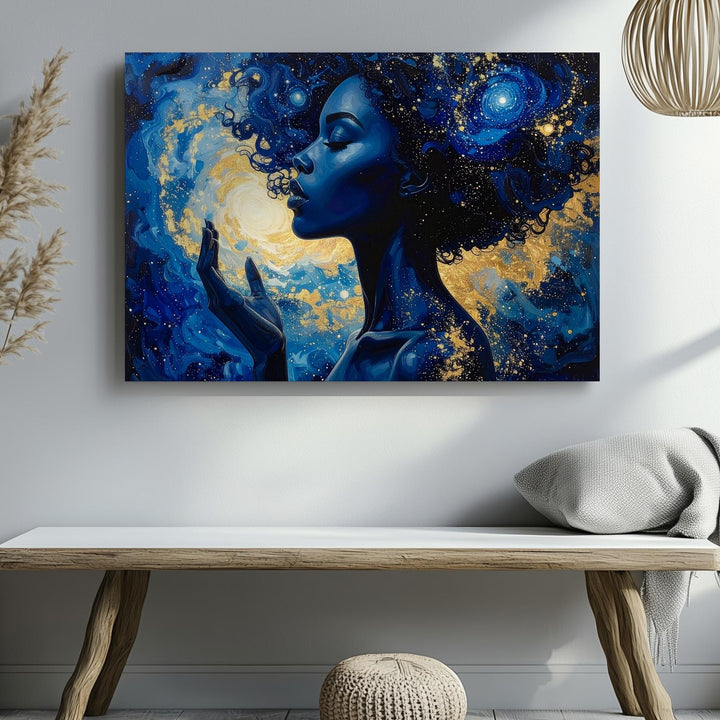 Celestial Muse Canvas – Galaxy-Haired Woman Portrait in Cosmic Blues & Golds - Gifitto