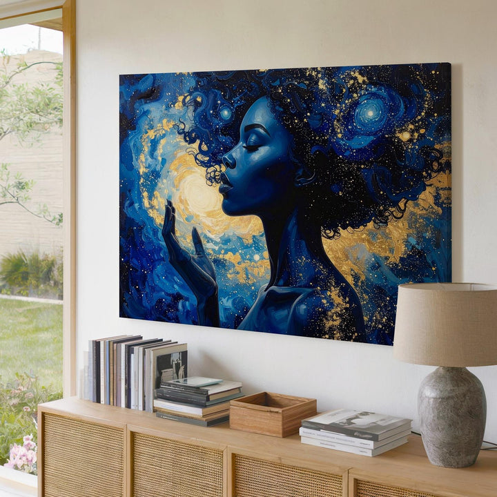 Celestial Muse Canvas – Galaxy-Haired Woman Portrait in Cosmic Blues & Golds - Gifitto