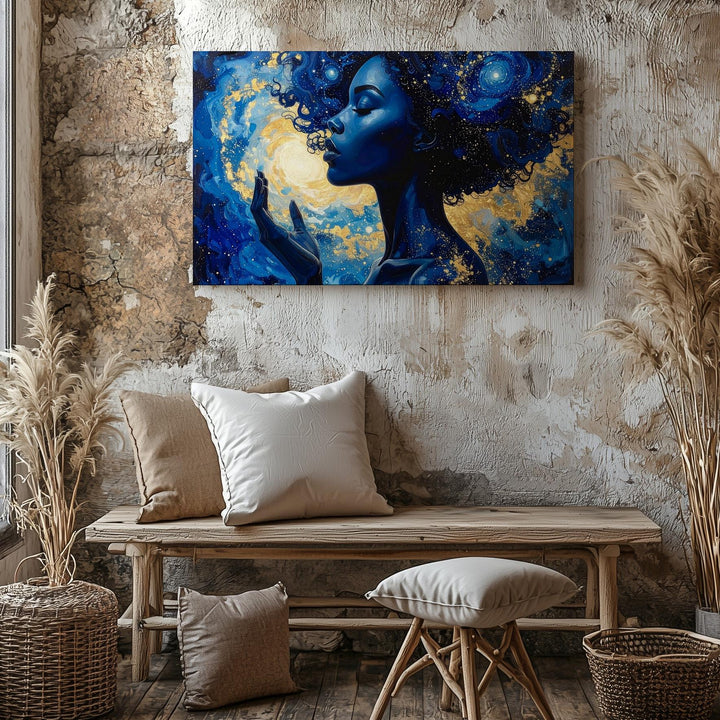 Celestial Muse Canvas – Galaxy-Haired Woman Portrait in Cosmic Blues & Golds - Gifitto