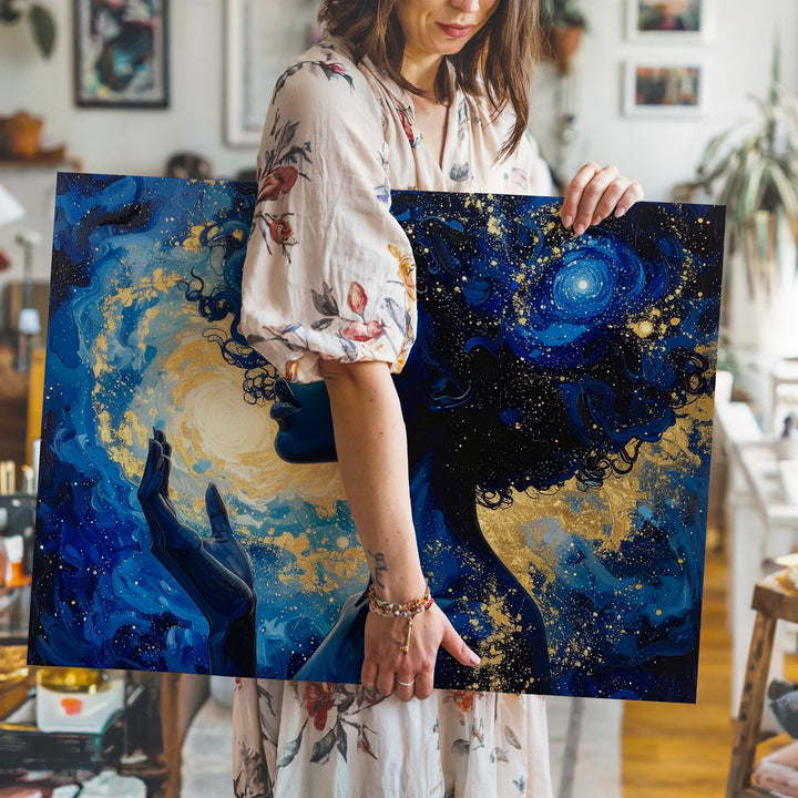 Celestial Muse Canvas – Galaxy-Haired Woman Portrait in Cosmic Blues & Golds - Gifitto