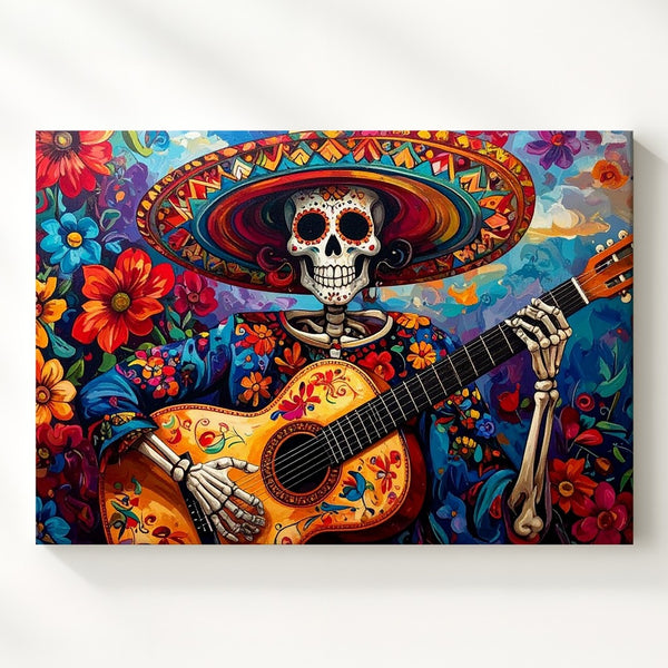 Day of the Dead Celebration Canvas – Vibrant Skeleton with Sombrero and Guitar - Gifitto