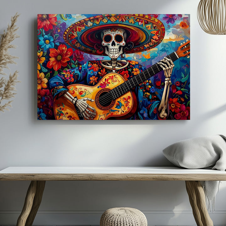 Day of the Dead Celebration Canvas – Vibrant Skeleton with Sombrero and Guitar - Gifitto