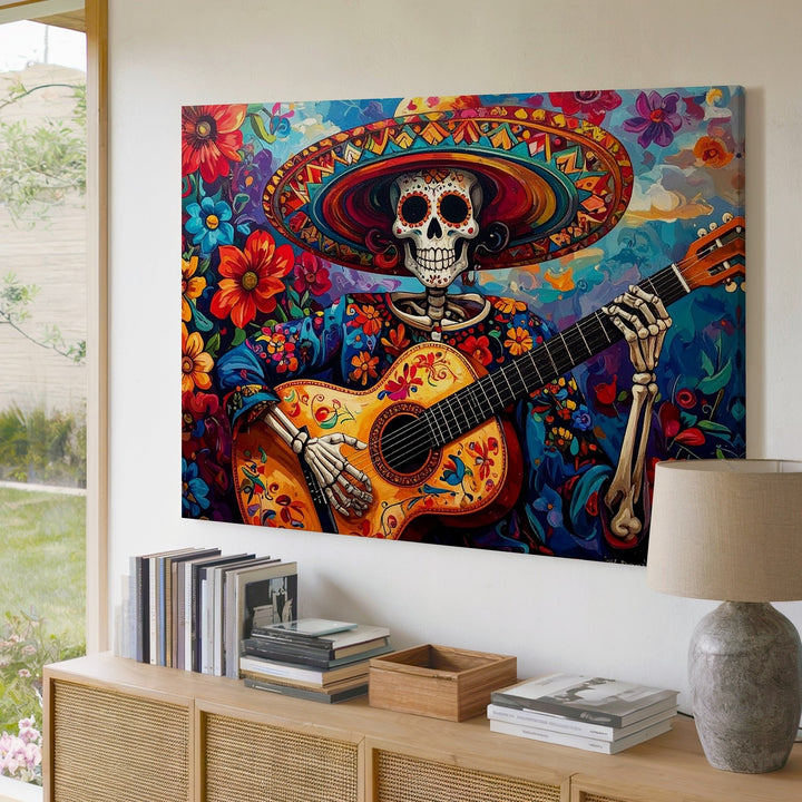 Day of the Dead Celebration Canvas – Vibrant Skeleton with Sombrero and Guitar - Gifitto