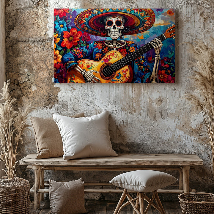 Day of the Dead Celebration Canvas – Vibrant Skeleton with Sombrero and Guitar - Gifitto
