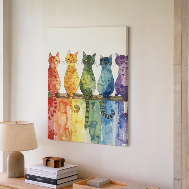 Rainbow Cats in a Row Canvas – Colorful Minimalist Feline Wall Art - Gifitto