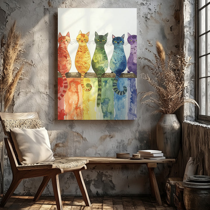 Rainbow Cats in a Row Canvas – Colorful Minimalist Feline Wall Art - Gifitto