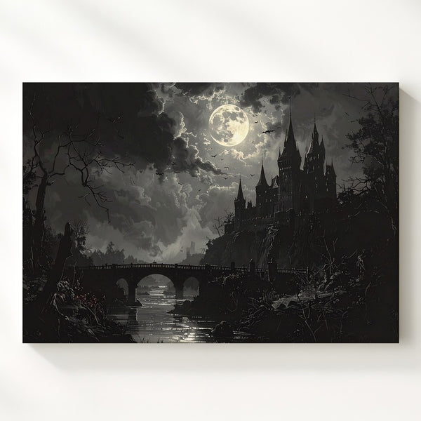 Gothic Castle at Night Canvas – Dark Landscape with Full Moon and Misty Bridge - Gifitto